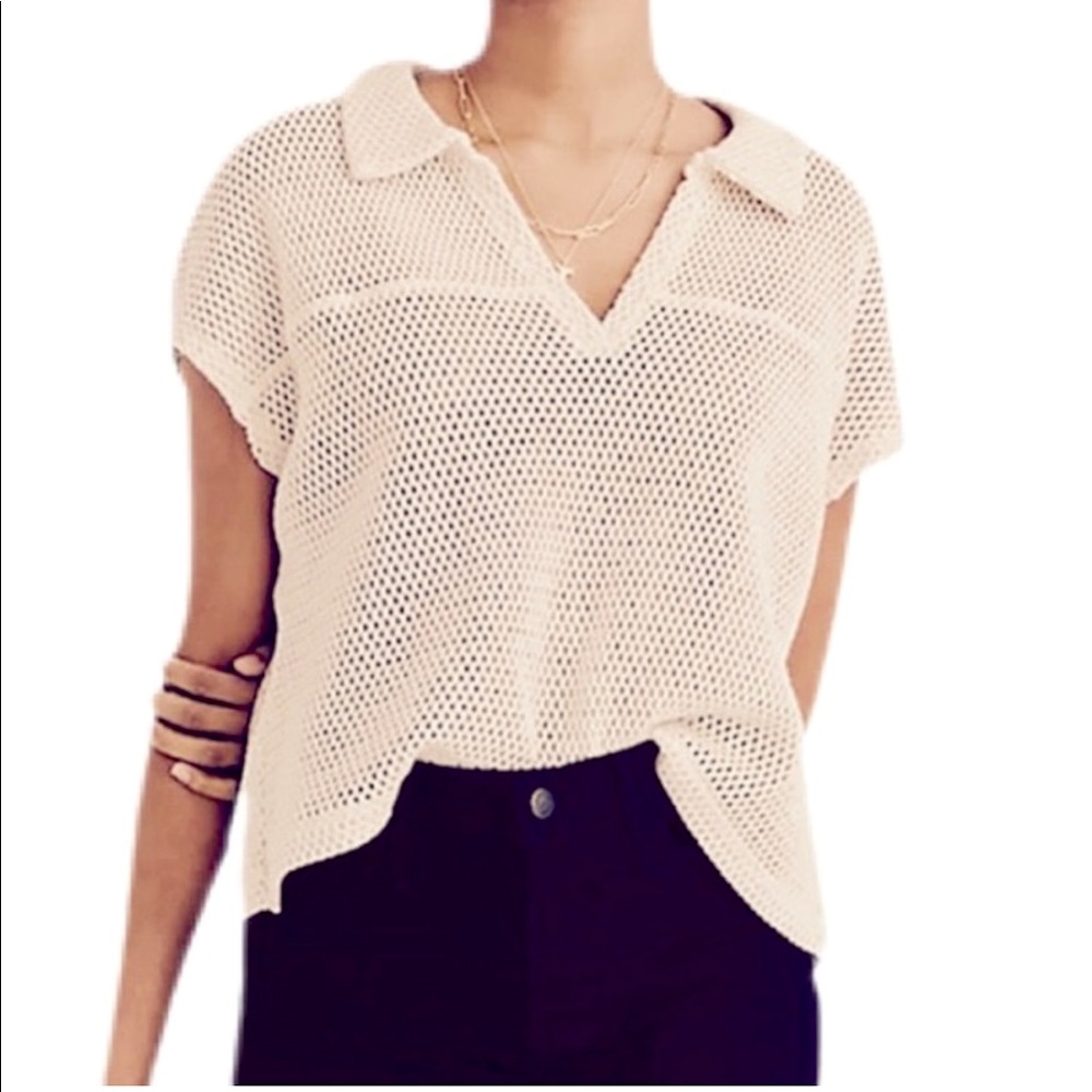 Madewell Crochet mesh polo top Small
